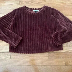 [L]  Planet Gold Burgundy Ribbed Cropped LS Pullover Fleece Sweater